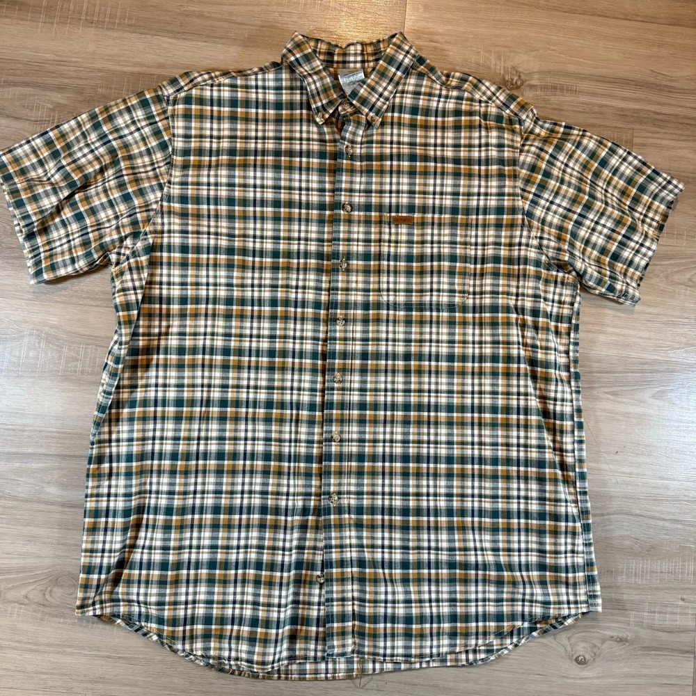 Y2K Carhartt Shirt Mens 2XL Tall Green Brown Tan Plaid Rugged Outdoor Wear Mens